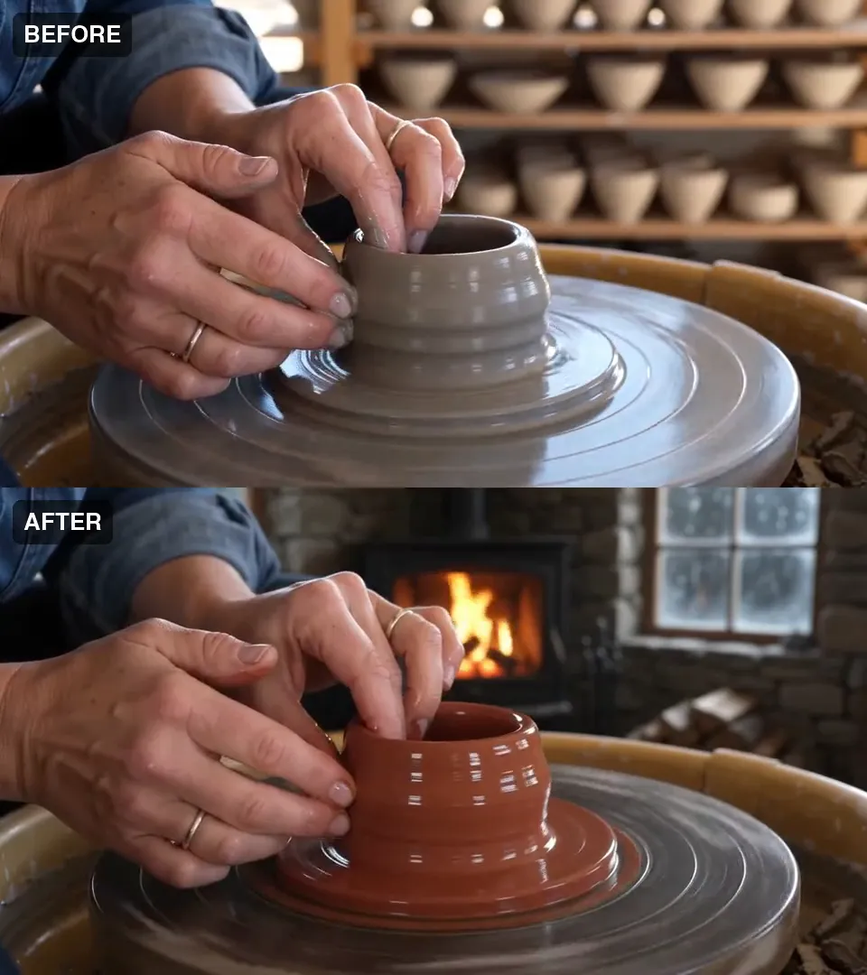 Two hands shaping grey clay on a wheel in a sunlit studio, above the same hands shaping terracotta clay in a stone cabin by firelight