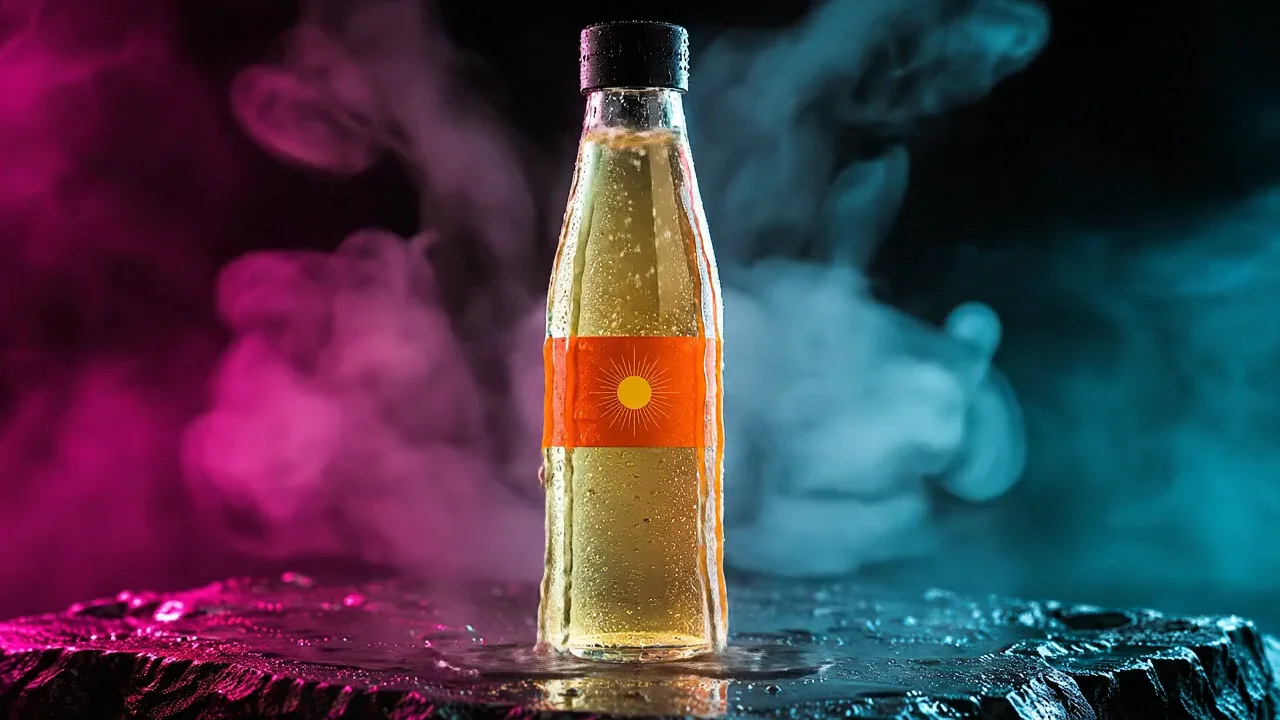 The second hero take: the bottle stays in frame, but for two seconds liquid pours in through the closed cap