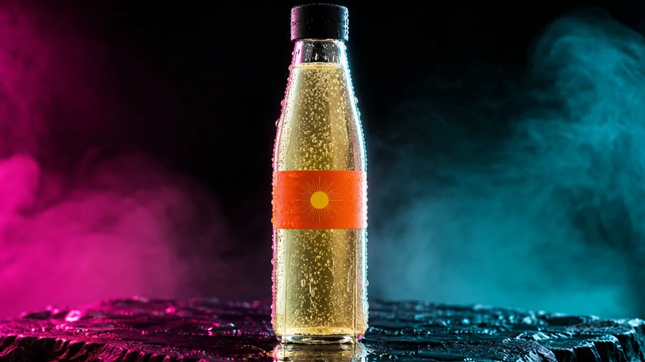 The hero: the tonic bottle on wet slate between magenta and teal haze, the whole bottle and its orange band in frame, the cap closed