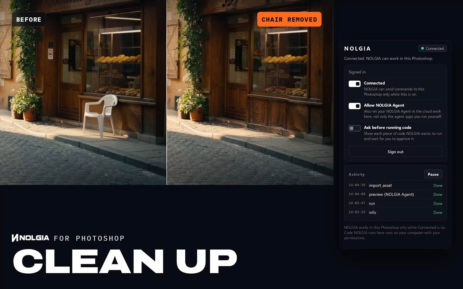 For photographers: a plastic chair outside a bakery is selected, filled and gone. Then a screen recording of the NOLGIA panel in Photoshop running import_asset in the document.