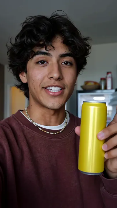 A young man with dark curly hair in a burgundy sweatshirt holds a plain yellow drinks can up to the camera in a kitchen.