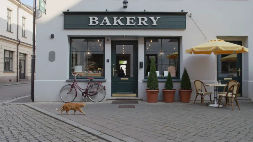 Kling v3's first run: the same bakery storefront, with a figure standing behind the door glass inside the shop