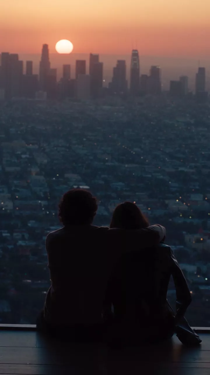 Two silhouettes sit close on a ledge above a hazy city skyline as the sun sets