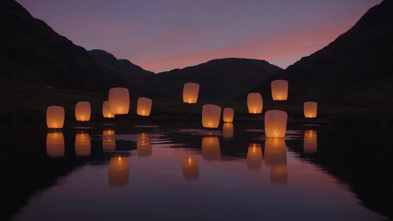 Glowing paper lanterns rise from a still mountain lake at dusk under a violet sky, then join into a ring and flame emblem drawn in amber light