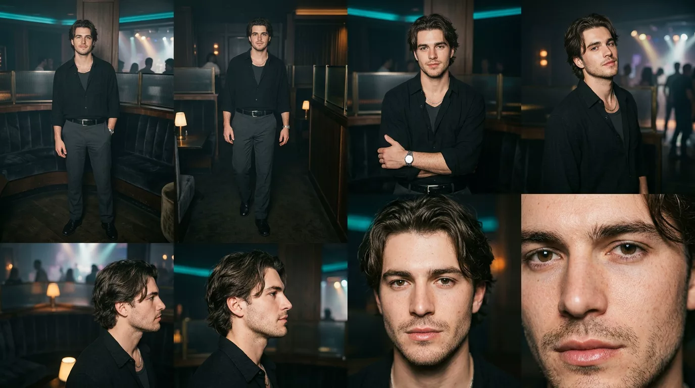 The man's character sheet: a young man with dark wavy hair in a black shirt, in several portraits and a full-length view