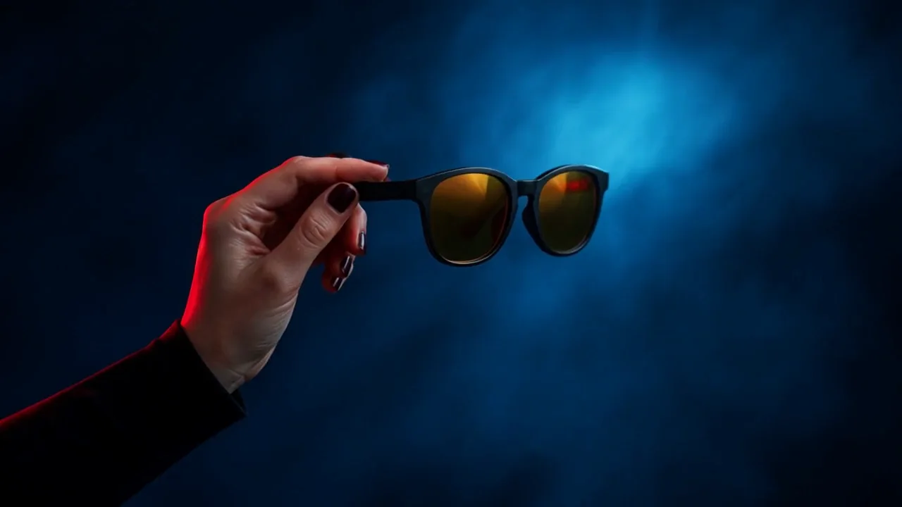 A hand raises black sunglasses with amber lenses into a red beam against blue haze and turns them toward the camera