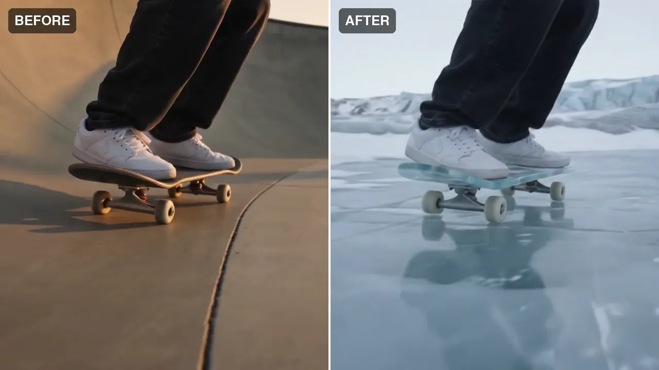 Before and after, side by side: a skater's board becomes carved blue ice and the concrete bowl becomes a glacier, while the rider and the trick stay the same