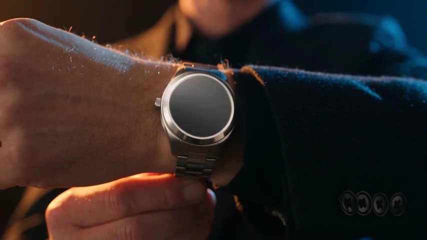 The watch prompt on Seedance 2.5: the man raises his forearm and adjusts a steel watch as the camera pushes in to a plain black dial