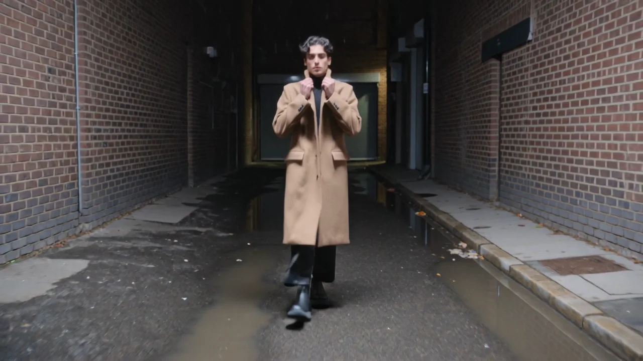 The same prompt with the walk given weight, on Kling v3: heel-first steps through the puddles and the coat collar turned up