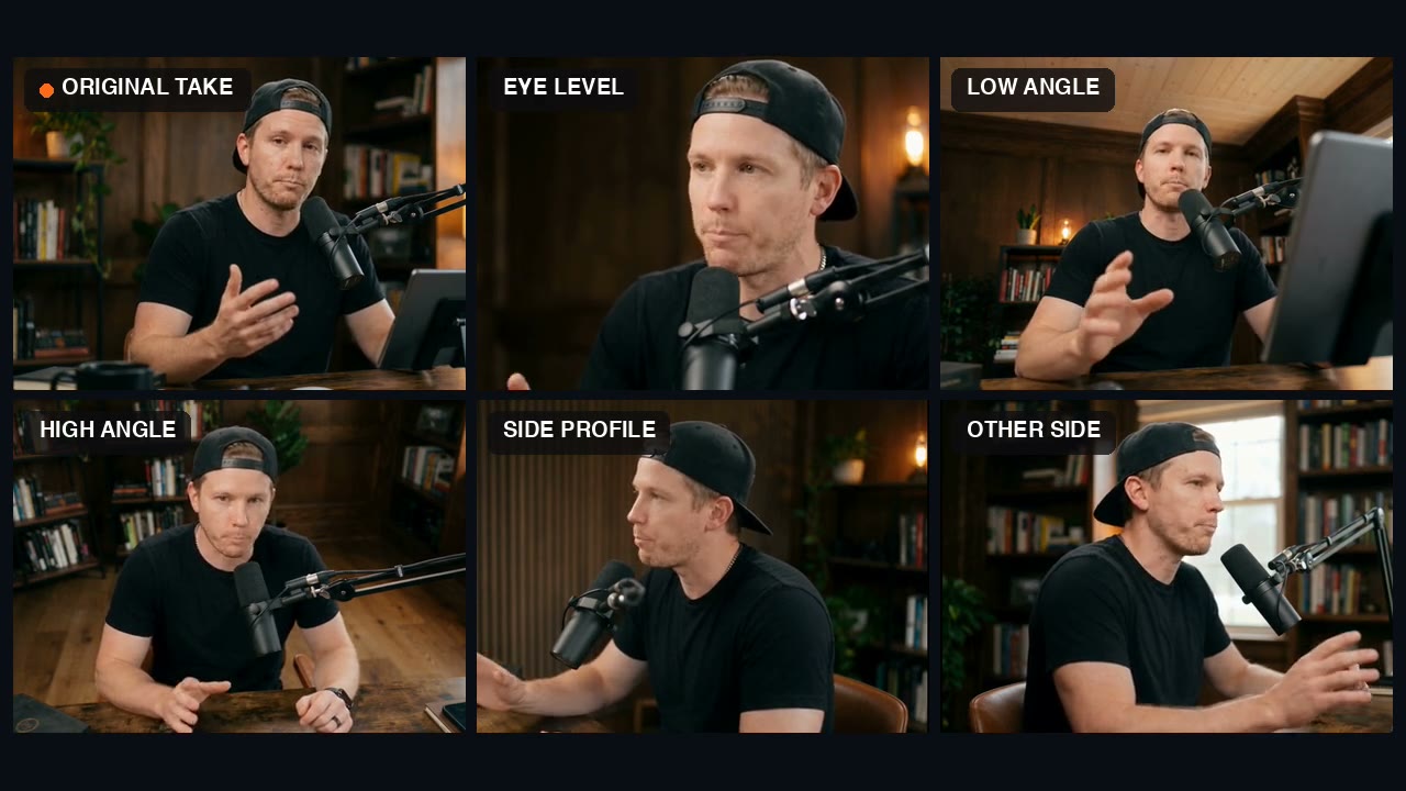 One podcast take beside five angles made from it: eye level, low angle, high angle and both side profiles, all in sync. The host is fictional.