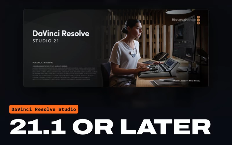 The About DaVinci Resolve window from the plugin page shoot, under the version the plugin needs: DaVinci Resolve Studio 21.1 or later.