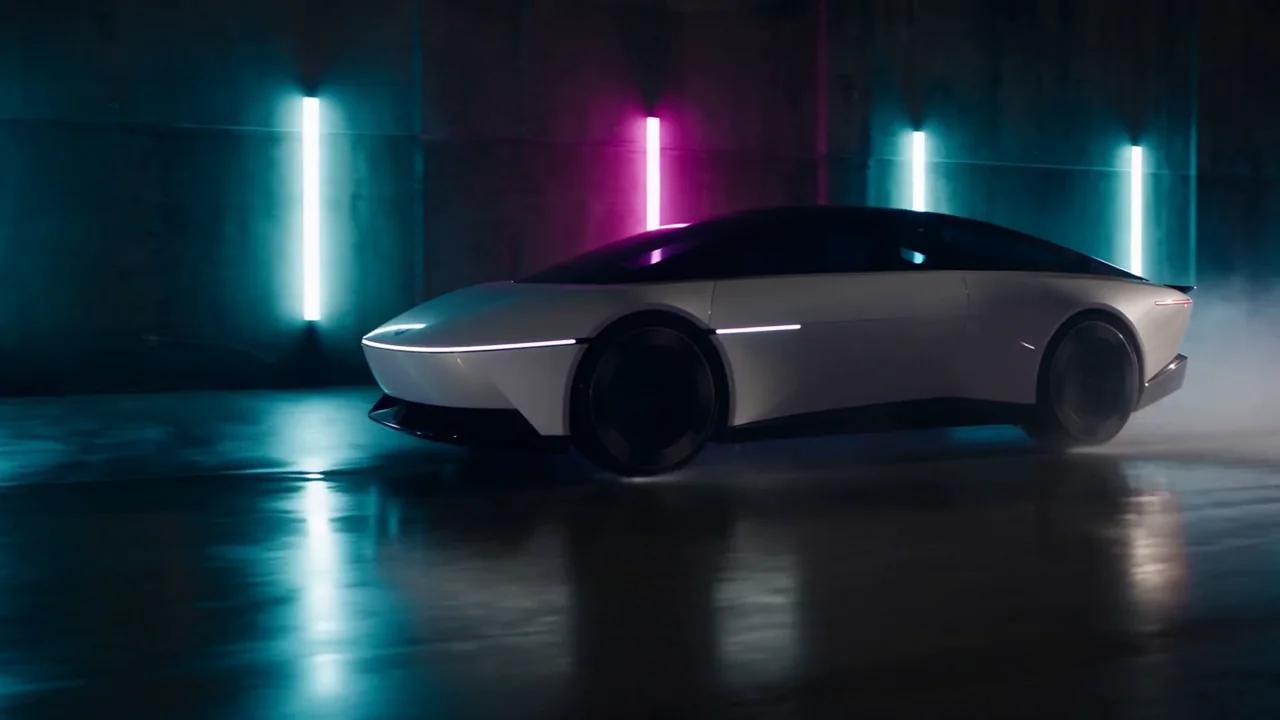An original white concept coupe with no badges driving past plain teal and magenta neon tubes on a wet street, spray from the tyres, narrated over a dark synth drive with the engine and spray after the line