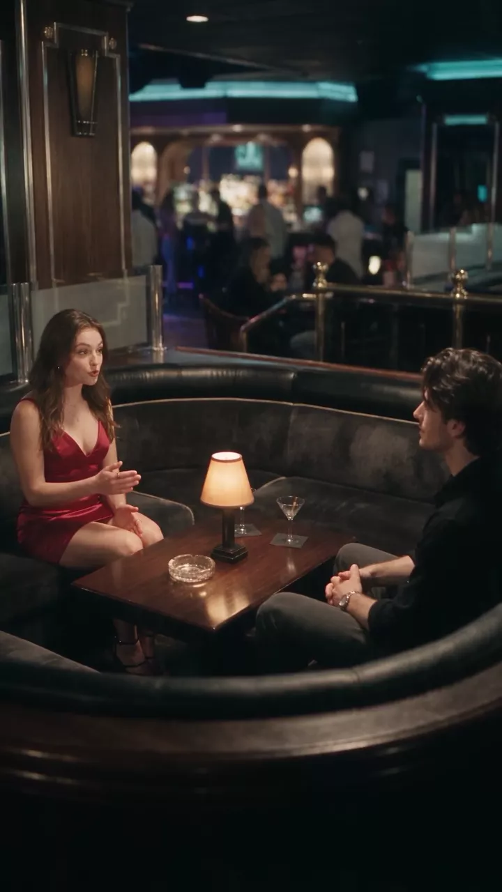 The woman and the man in the booth, the camera circling slowly around the table as she talks