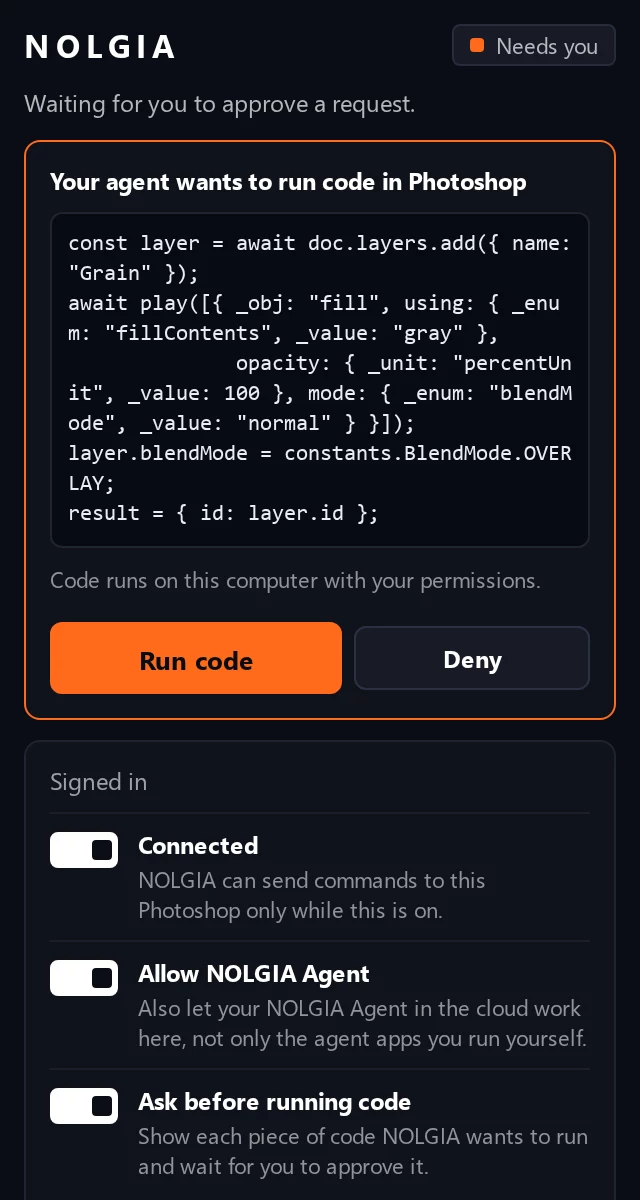 The NOLGIA panel asking before it runs code: the code, Run code and Deny, and the note that code runs on this computer.