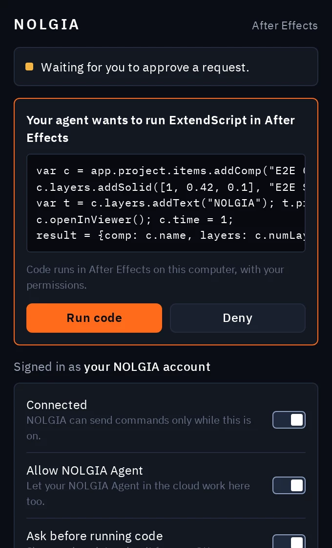 The NOLGIA panel asking before it runs ExtendScript: the code, Run code and Deny, and the note that code runs on this computer.
