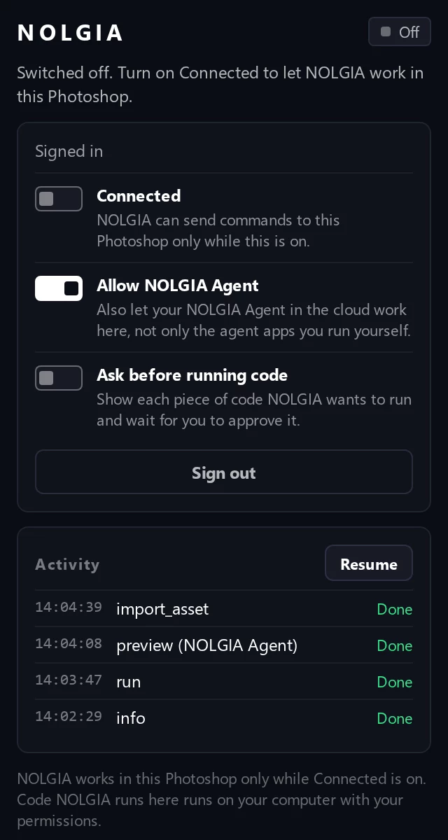 The NOLGIA panel switched off: the Connected switch is off and the status line says so.