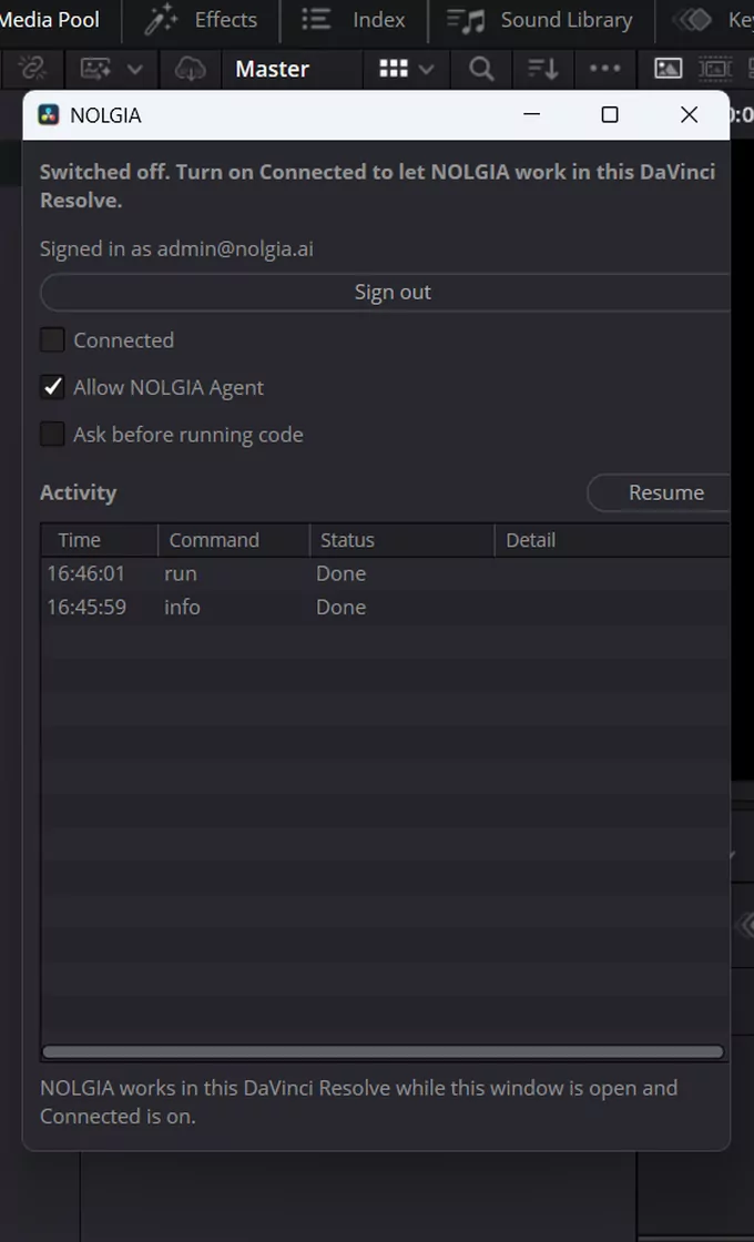 The NOLGIA window switched off: the Connected switch is off and the status line says so.