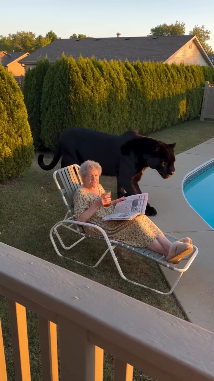 Filmed from a deck above the yard: a black panther walks out from a hedge and past a grandmother reading the paper in a lounge chair by the pool, a drink in her hand
