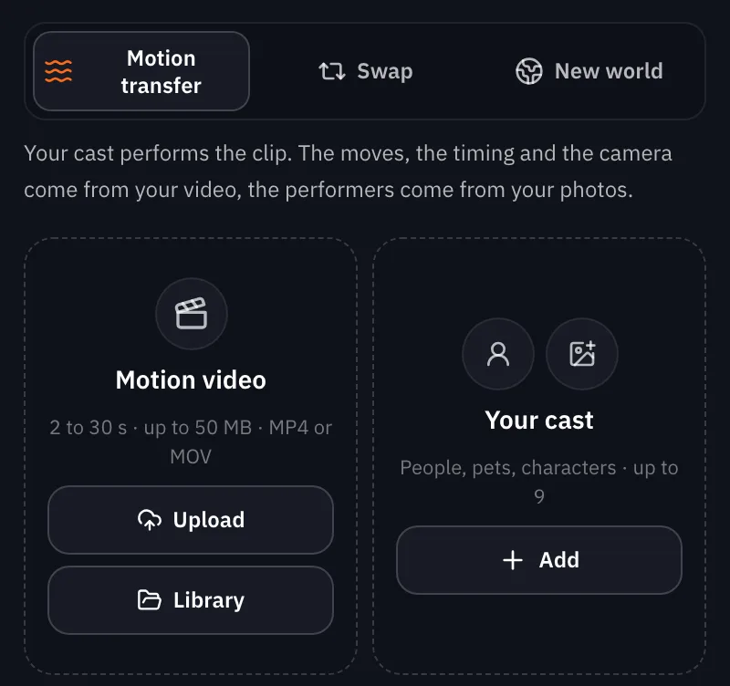 The Miroge composer on a computer with Motion transfer selected: an empty Motion video tile with Upload and Library buttons beside an empty Your cast tile