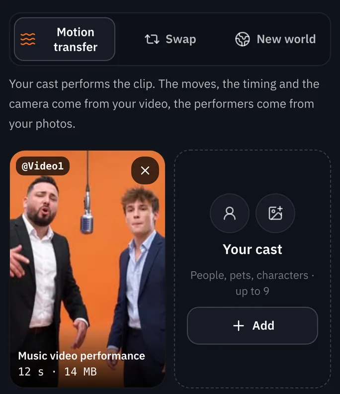 The Miroge composer on a phone with the clip of two performers in the Motion video tile, tagged @Video1, with its length and size