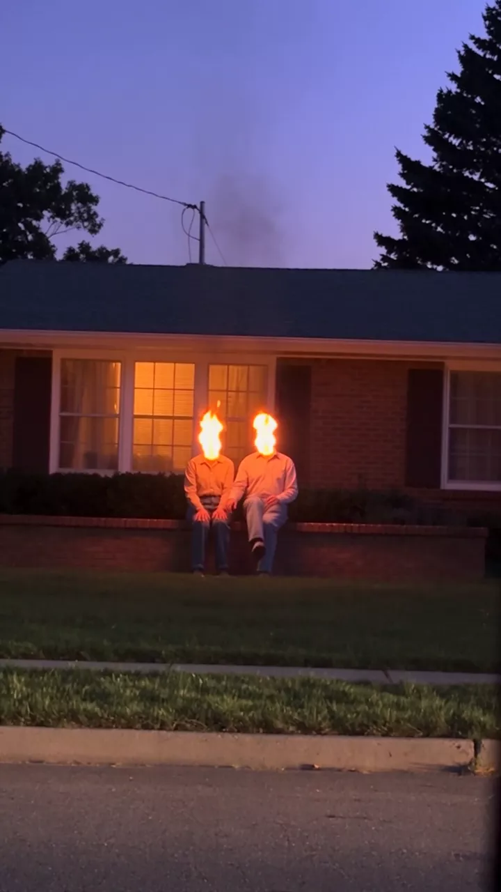 A draft: an elderly couple with flames for heads sits on the same porch wall, farther from the camera
