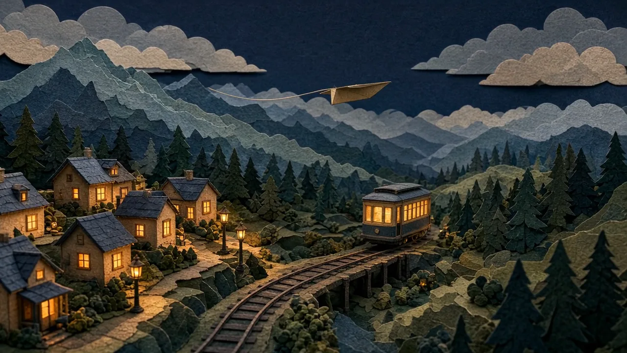 A layered paper village with a paper plane on a thread, dissolving into a neon-lit tram on a rainy street