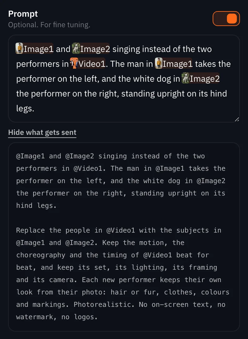 The composer on a computer: the prompt with chips for Image1, Image2 and Video1, and See what gets sent open underneath with the full instruction