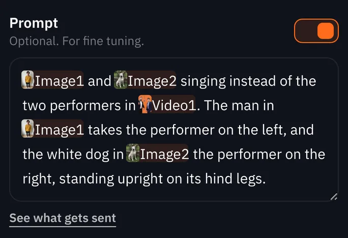 The composer on a phone: the whole two sentence prompt, with a thumbnail chip for each photo and for the video wherever it is named