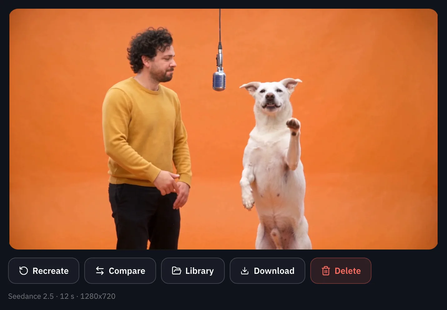 The composer on a computer: the finished clip of the man and the dog at the mic, with Recreate, Compare, Library, Download and Delete underneath