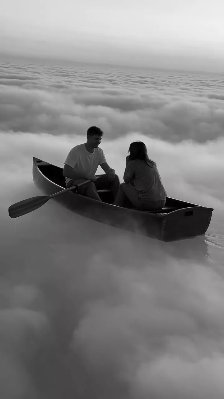 Black and white: a couple sits in a wooden rowboat drifting on a sea of clouds
