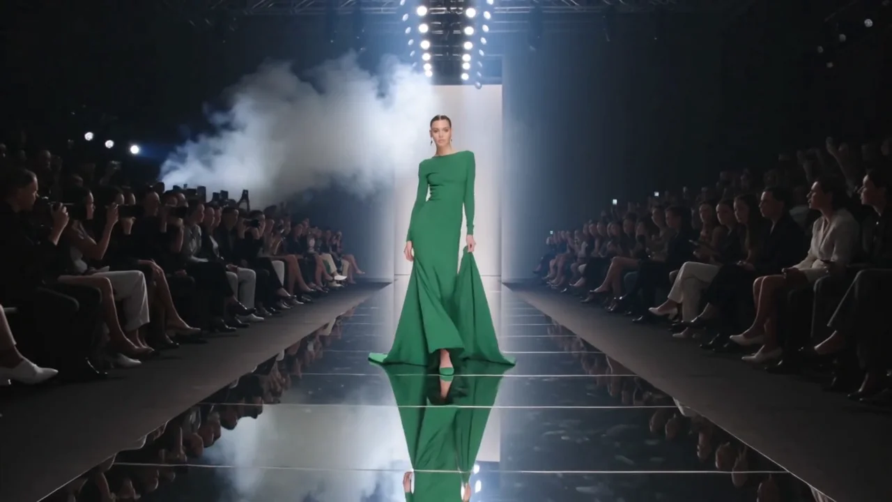 A model in an emerald green long-sleeved gown walking a mirrored runway through strobes and haze, narrated over a runway beat with camera shutters