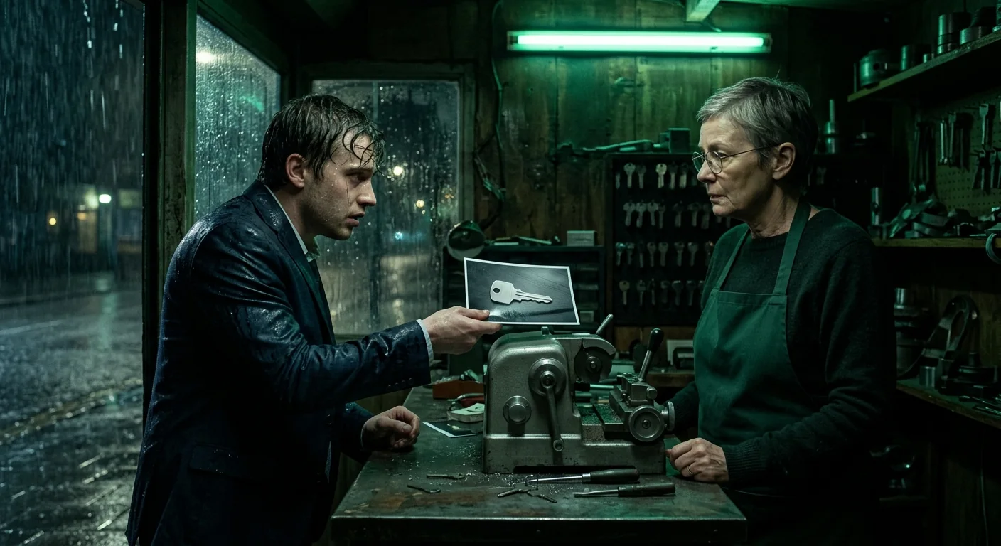 Medium: the young man holds out a photograph of a key over the counter towards Mara, a plain unmarked key-cutting machine between them