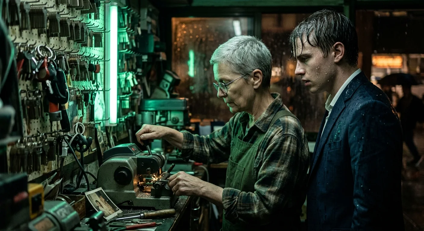 Close up: Mara in round steel glasses and a green apron working the key-cutting machine, sparks at the cutter, the young man standing at her shoulder