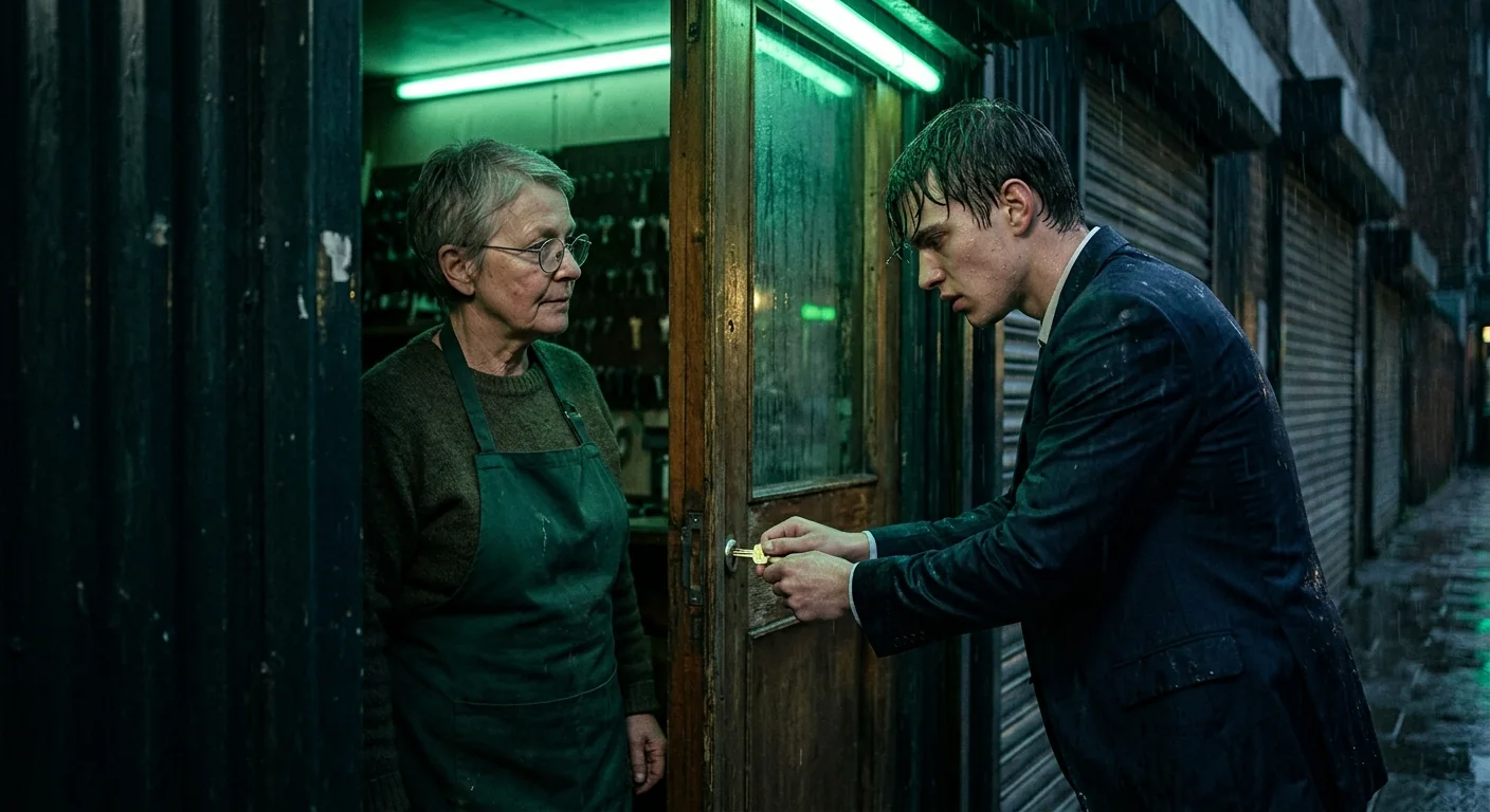 Medium: the young man outside the kiosk pushing a newly cut brass key into the lock of its wooden door while Mara stands in the doorway watching
