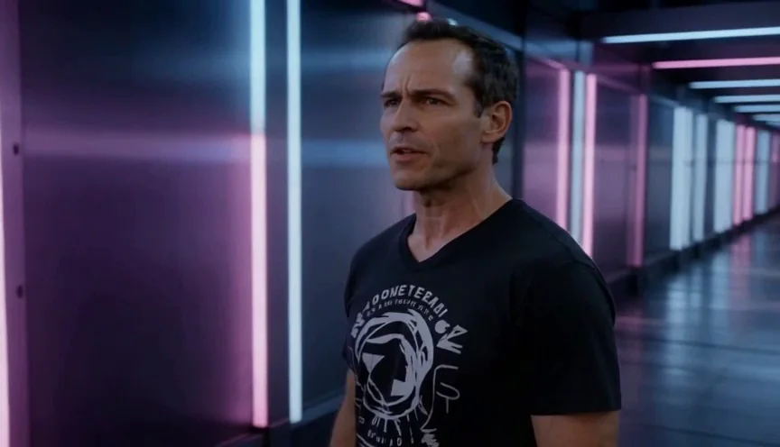 The vague prompt rendered once: a man in a black printed T-shirt turning to the camera in a corridor of white and pink tubes