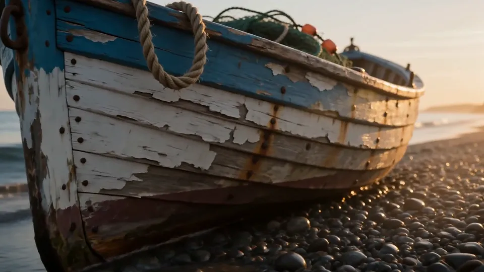 An old wooden fishing boat with peeling blue and white paint on a pebble beach at sunrise, with rope, a green net and orange floats, rendered by Seedance 2.0 Pro at 1080p.