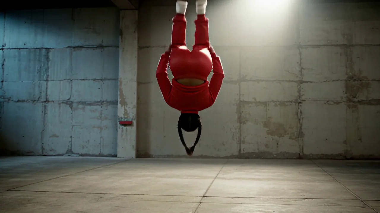 Seedance 2.5: the same warehouse scene, a tucked backflip landing feet first with the hands off the floor