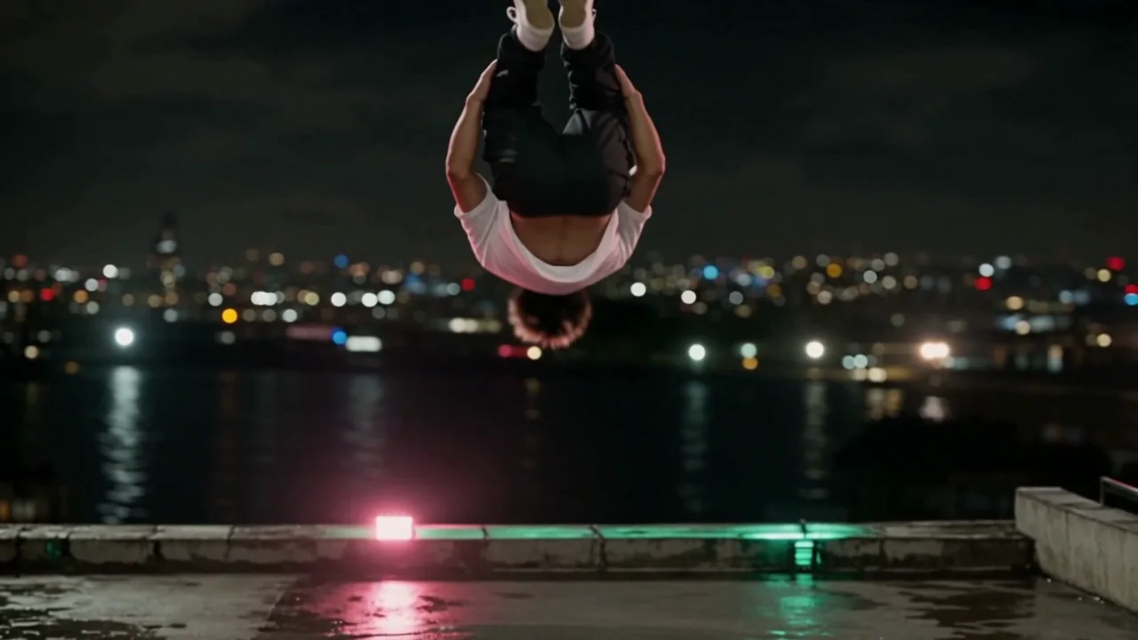 Seedance 2.5: the dancer on the wet rooftop loads, flips backward in a high tuck and lands feet first in a squat