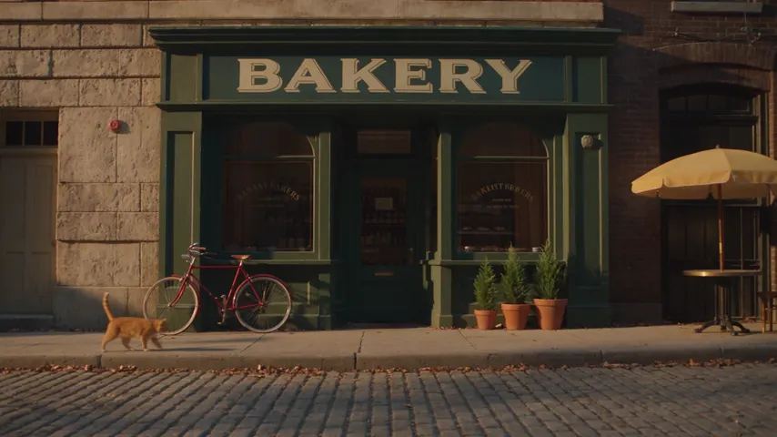 Seedance 2.5's first run: a bakery storefront on a cobbled street with a green BAKERY sign, a red bicycle, three pots and a ginger cat, the camera pushing in