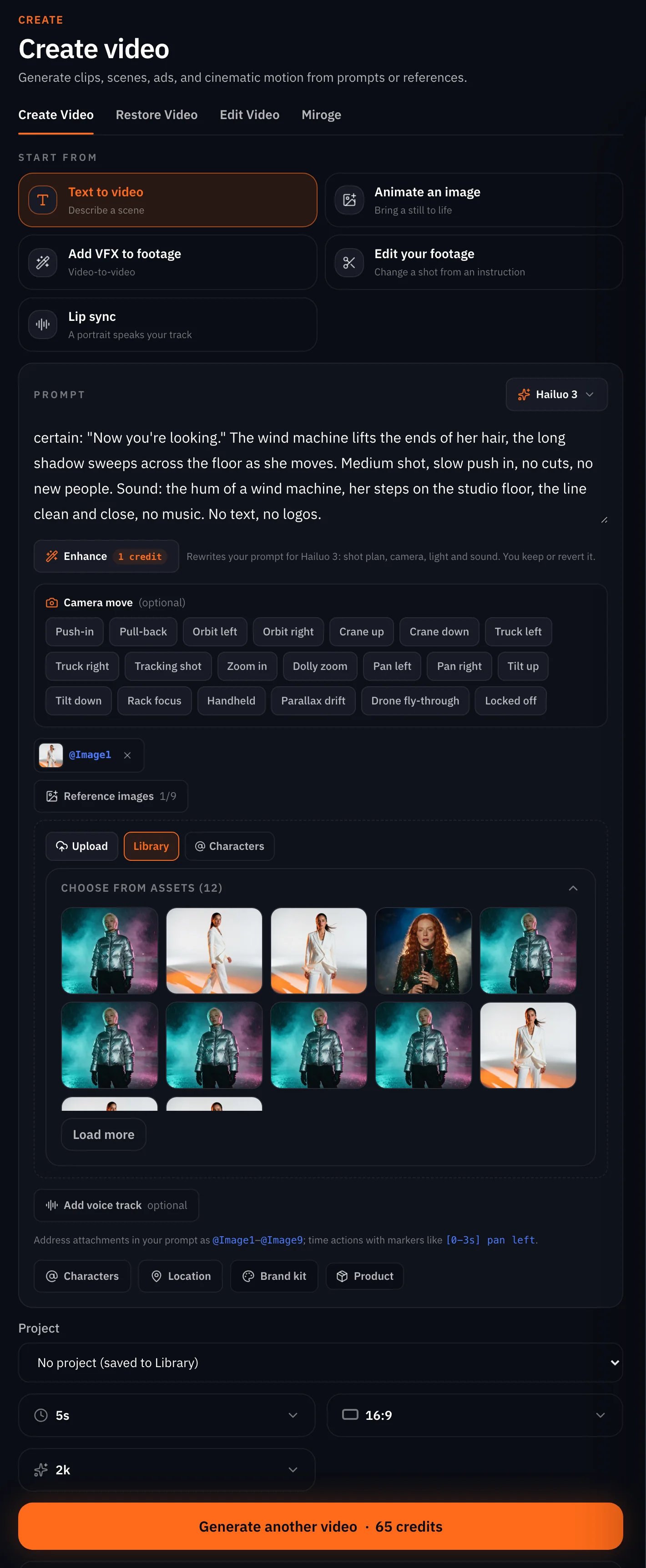 The video composer on a desktop with Hailuo 3 selected, the still attached under Reference images as @Image1, the composer's hint on addressing attachments, 2K chosen and the price on the Generate button