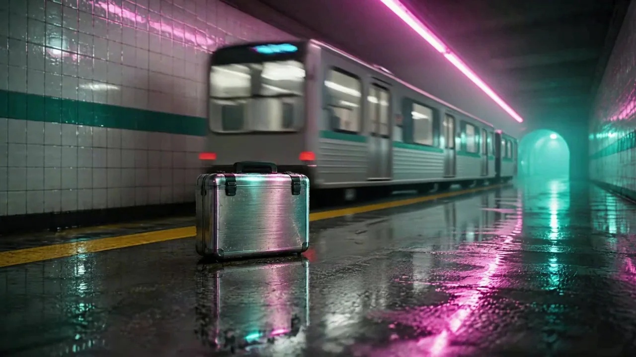The case on the wet platform as the train streaks past