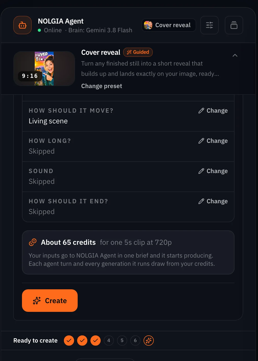 The Cover reveal review card in the guided chat: the still attached, words skipped, Living scene chosen, the other answers at their defaults, the estimate for one five second clip, and the Create button