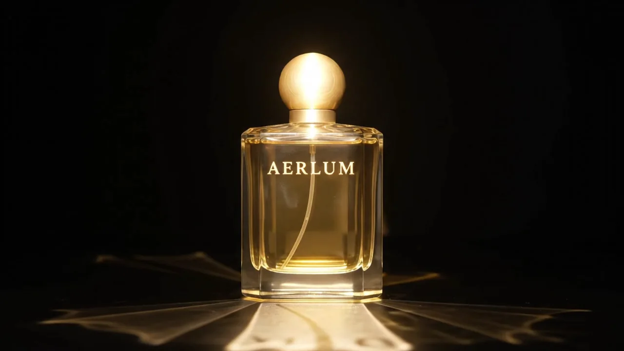 The source clip: a gold perfume flacon with a brass sphere cap stands on a black set, a burst of warm light flaring behind it