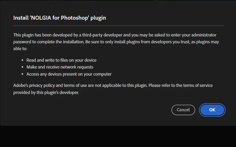 The Creative Cloud app installing the plugin, with Install locally selected.