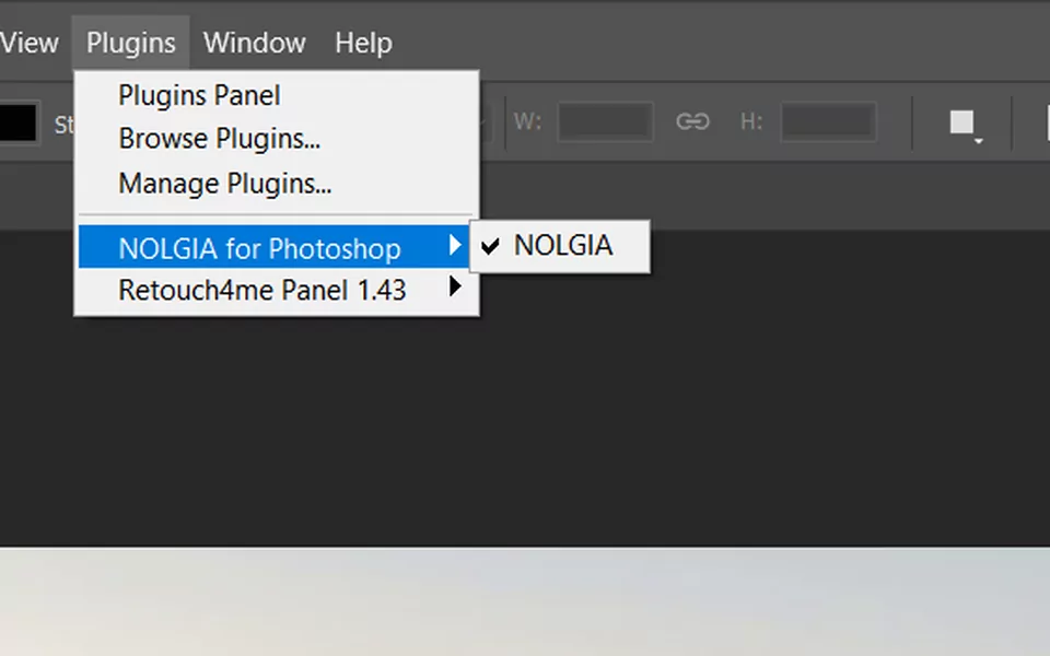 Photoshop's Plugins menu open on NOLGIA for Photoshop, NOLGIA.