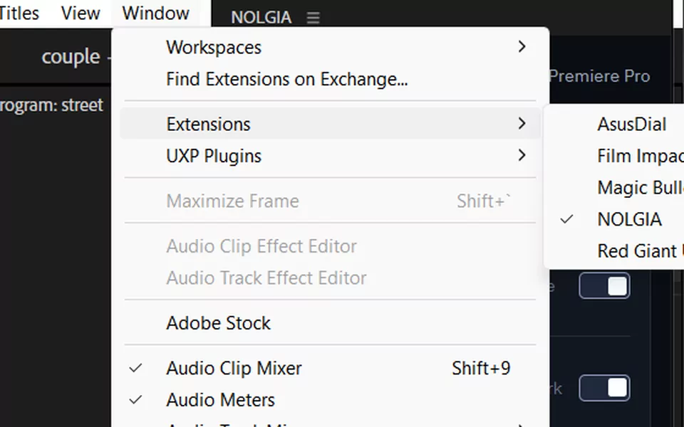 Premiere Pro's Window menu open on Extensions, NOLGIA.