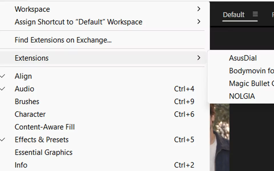 After Effects's Window menu open on Extensions, NOLGIA.