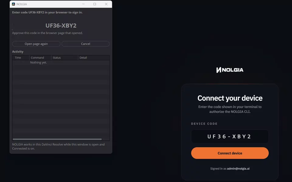 The NOLGIA window asking you to enter its sign in code in your browser, the code shown large, beside the browser's Connect your device page with the same code.