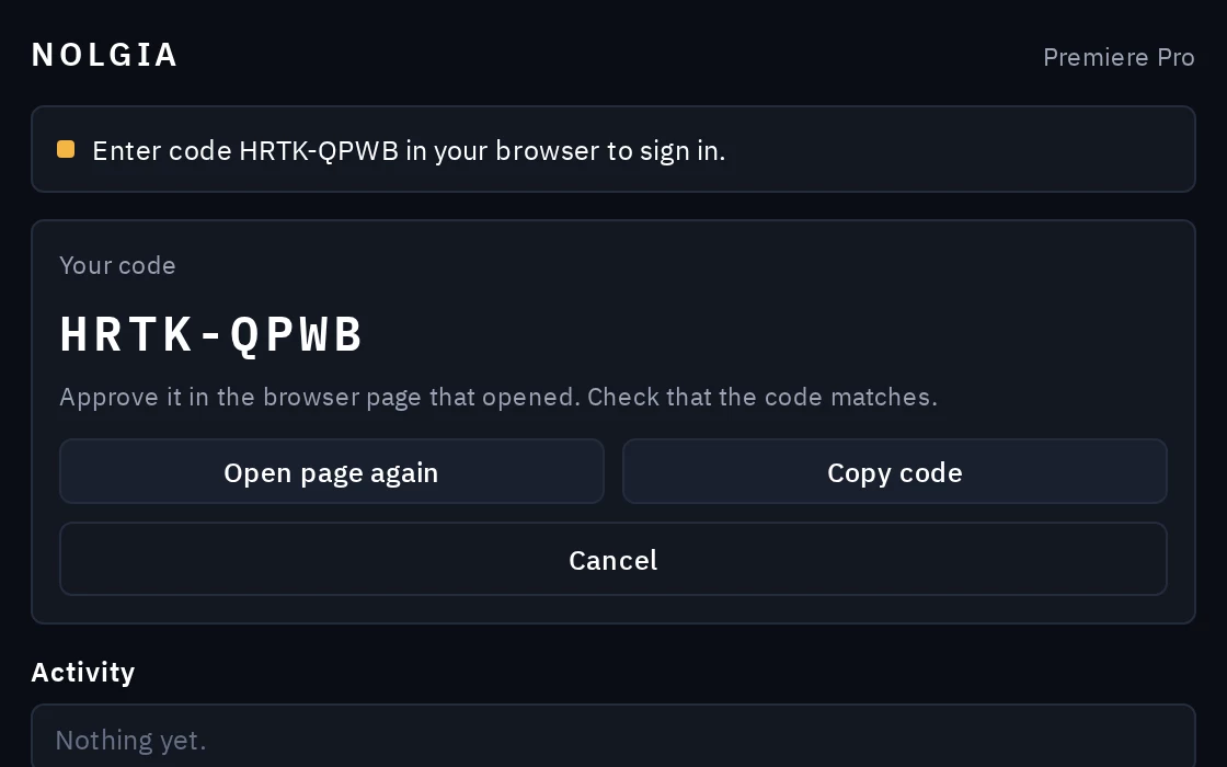 The NOLGIA panel showing Your code with the sign in code to check in the browser.