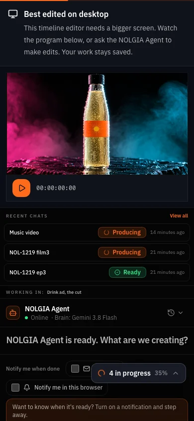 Studio on a phone: the same timeline, the program monitor on top